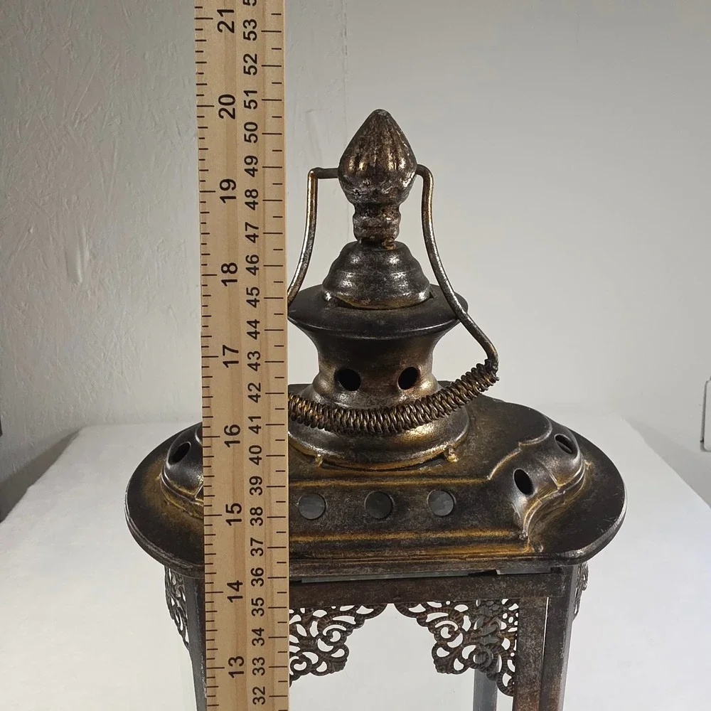 Vintage Ornate Metal Glass Candle Lantern Distressed Bronze Gold Filigree Decor